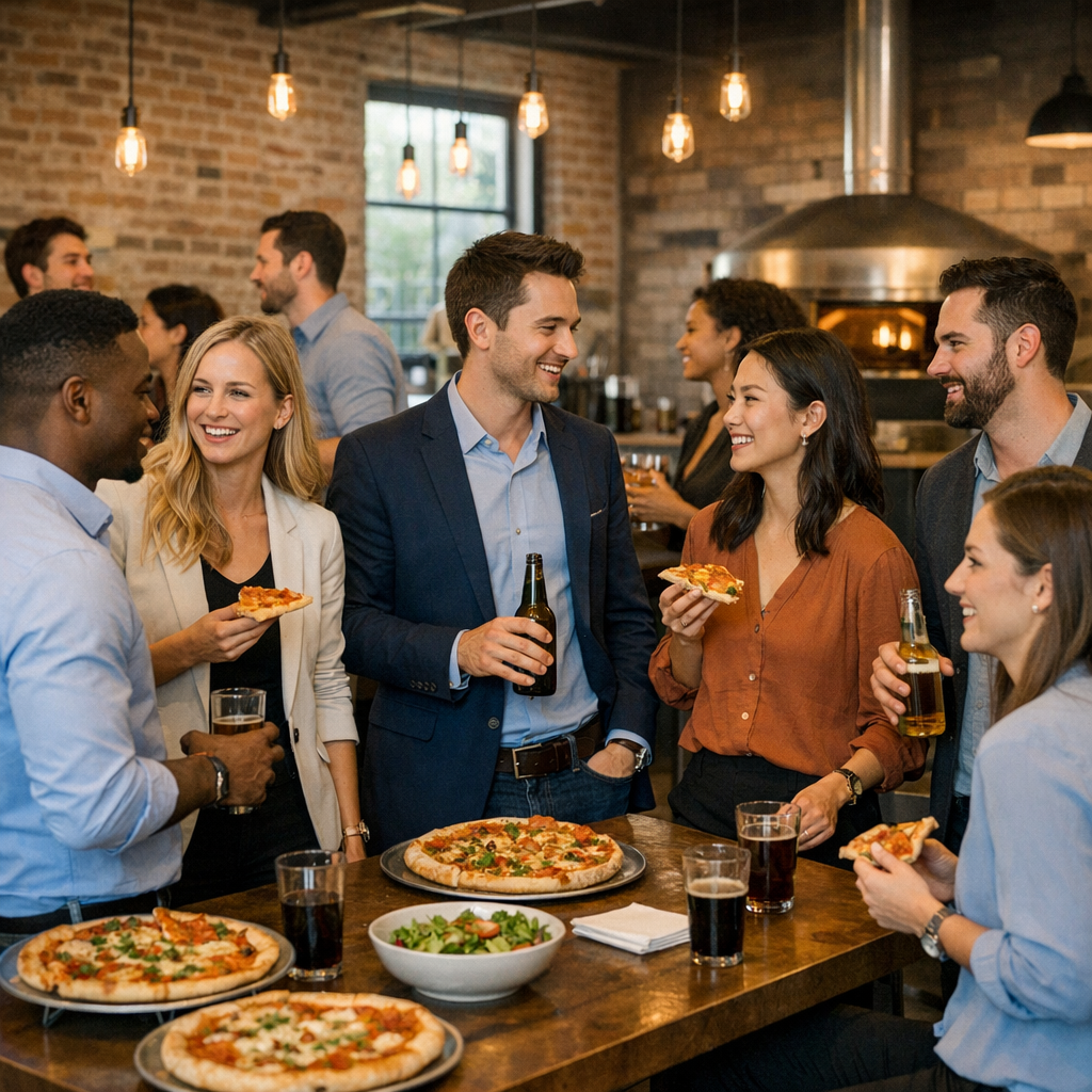 Professionals networking at pizzeria