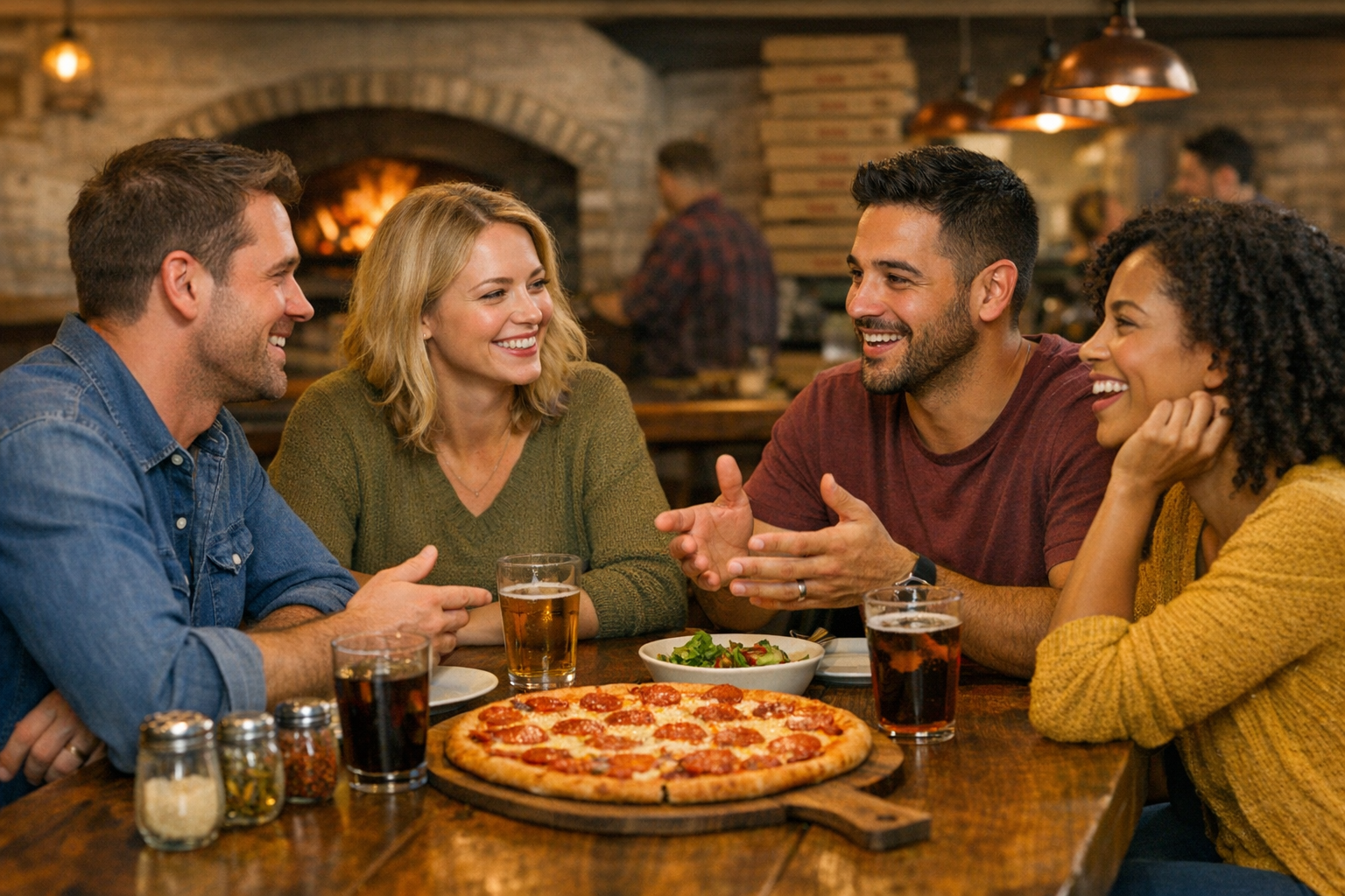 People sitting at pizzeria table having conversation