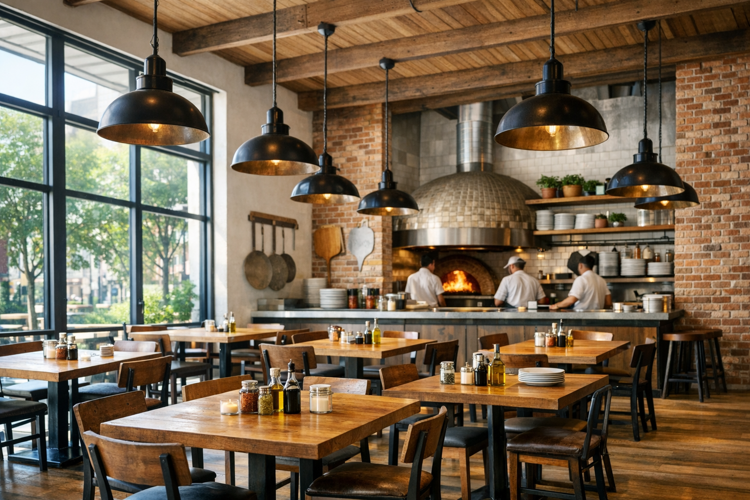 Modern pizzeria interior with high ceilings