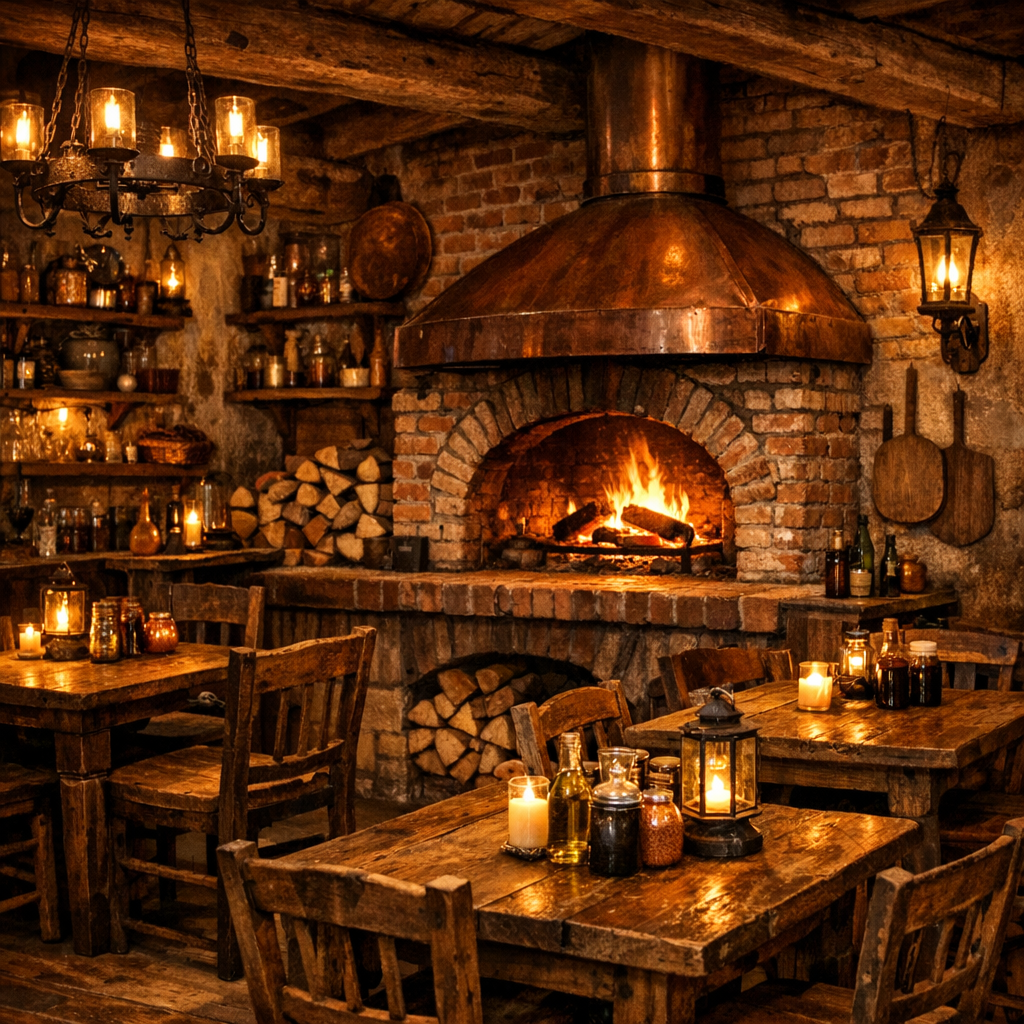 Rustic pizzeria interior with reclaimed wood furniture and brick oven