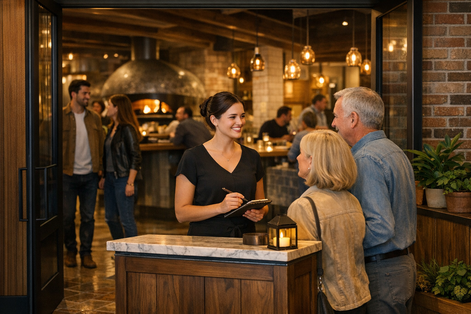 Pizzeria entrance with welcoming host stand